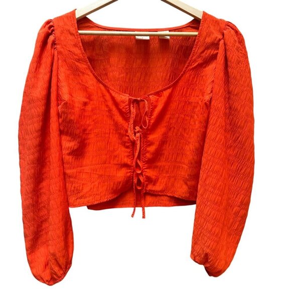 Levi's Blouse‎ Cropped Tie Front Long Balloon Sleeve Orange Smocked Womens Small - Picture 1 of 7